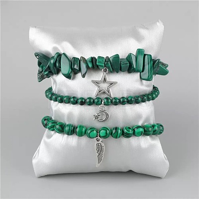 3Pcs Alloy & Synthetic Malachite Beads Charm Bracelets DY7954-16-1