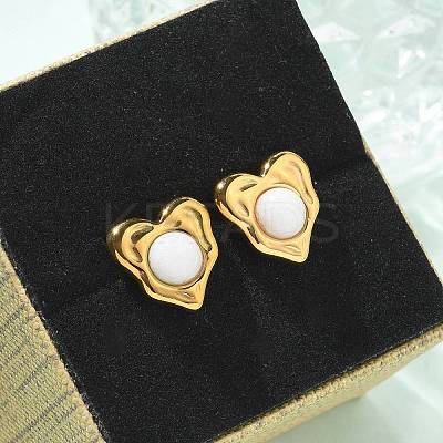 Natural White Jade & Ion Plating(IP) 304 Stainless Steel Heart Stud Earrings EJEW-A118-04G-04-1