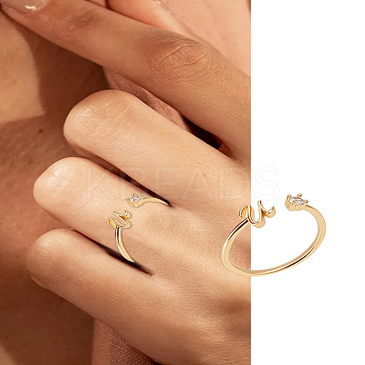 1Pc Letter Brass Rhinestone Open Cuff Rings for Women AJEW-LP0004-47U-G-1