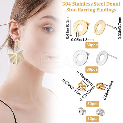 60Pcs 2 Color 304 Stainless Steel Donut Stud Earring Findings STAS-BBC0002-44-1