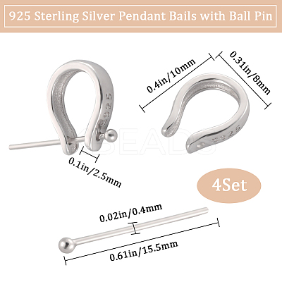 Anti-Tarnish 4Pcs 925 Sterling Silver Teardrop Pendant Bails with Ball Head Pins STER-BBC0001-92-1