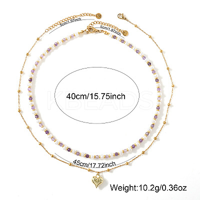 304 Stainless Steel Heart Pendant White Faux Pearl and Natural Amethyst Faceted Round Beaded Double Layer Necklaces for Women JN5423-1-1