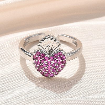 Sacred Heart Brass Micro Pave Cubic Zirconia Cuff Rings for Women RJEW-B117-01P-03-1