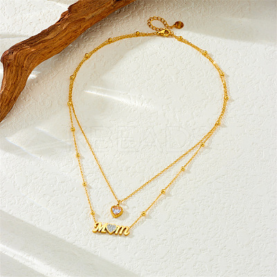 304 Stainless Steel Pave Clear Cubic Zirconia Mom Heart Pendant Double Layer Necklaces for Mother's Day WG85AFE-01-1