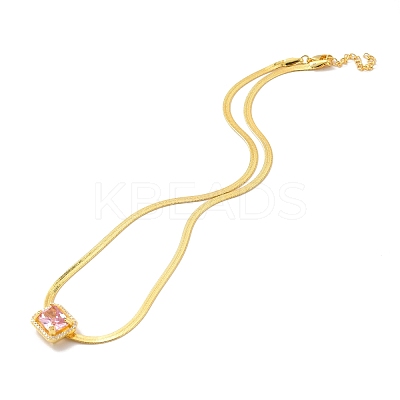 Pink Cubic Zirconia Rectangle Pendant Necklace with Flat Snake Chain for Women NJEW-B082-03-1