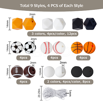 36Pcs 9 Style All Kinds of Sports Balls Silicone Beads SIL-HY0001-03-1