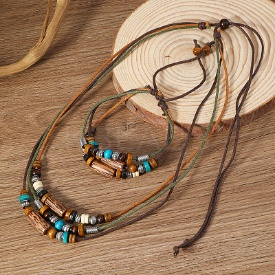 Wood & Alloy & Wax Cord Beaded Necklace & Braided Bead Style Bracelets Sets FS-WG2541A-01-1