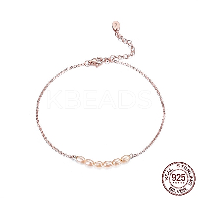 925 Sterling Silver Cable Chain Anklet with Natural Freshwater Pearls AJEW-F162-010RG-1