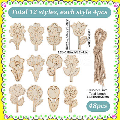 1Set Flower Unfinished Blank Wooden Pendants Set for Painting Arts HJEW-SC0002-71-1