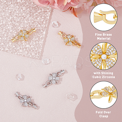 4 Sets 2 Colors Rack Plating Flower Brass Pave Clear Cubic Zirconia Fold Over Clasps KK-FH0006-91-1