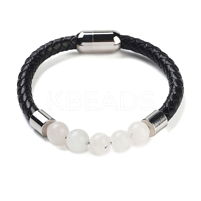 Natural White Moonstone Round Bead Braided Leather Cord Bracelets for Men Women BJEW-A009-11P-05-1