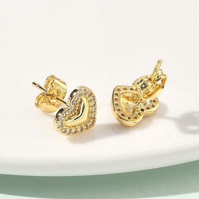 Heart Brass Micro Pave Clear Cubic Zirconia Stud Earrings EJEW-P336-03G-1
