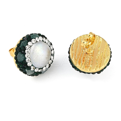 Rack Plating Flat Round Brass With Rhinestone & Natural Pearl Handmade Indonesia Stud Earrings EJEW-U010-02A-G-1