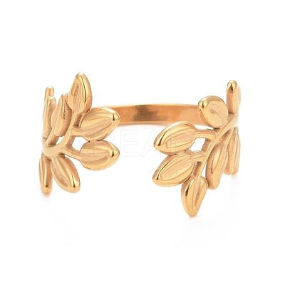 Ion Plating(IP) 304 Stainless Steel Leaf Open Cuff Ring for Women RJEW-C025-09G-1
