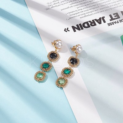 Glass Rectangle Beaded Long Dangle Stud Earrings with Imitation Pearl EJEW-TA00141-01-1