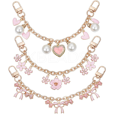 3Pcs 3 Styles Bowknot Heart Heart Pink Zinc Alloy Enamel Tassel Cable Chain Purse Chains FIND-BBC0004-56-1