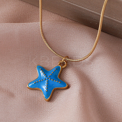 Vintage Ocean 304 Stainless Steel Enamel Starfish Pendant Necklaces for Women FT5866-1