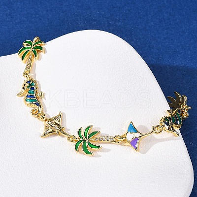 Ocean Theme Brass Cubic Zirconia with Enamel Link Bracelets for Women BJEW-F514-01B-G-1