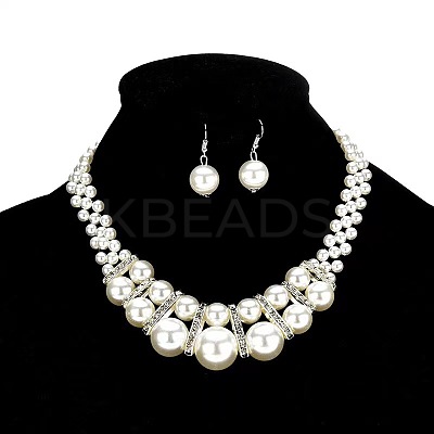 Alloy & Crystal Rhinestone & Plastic Pearl Round Beaded Necklace & Dangle Earring FS-WG9A175-01-1