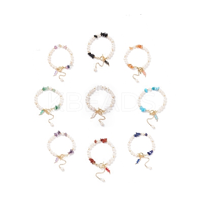 Natural Mixed Stone Chips & Pearl Beaded Bracelet with Enamel Lighting Bolt Charms BJEW-JB08332-M-1