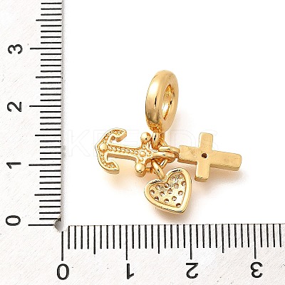 Brass Clear Cubic Zirconia Cross & Anchor & Heart European Dangle Charms KK-U048-08G-1