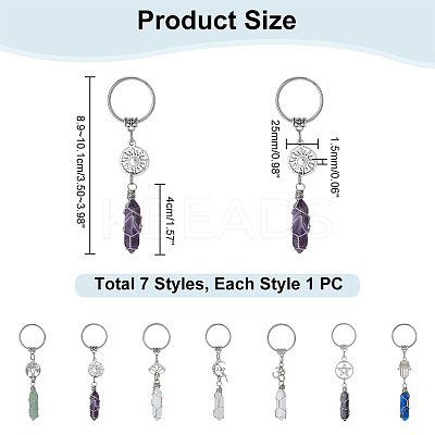 7Pcs 7 Styles Bullet Gemstone Wire Wrapped Keychain KEYC-NB0001-49-1