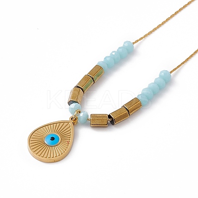 304 Stainless Steel Teardrop with Evil Eye Pendant Necklace for Women LS-NJEW-P269-14G-1