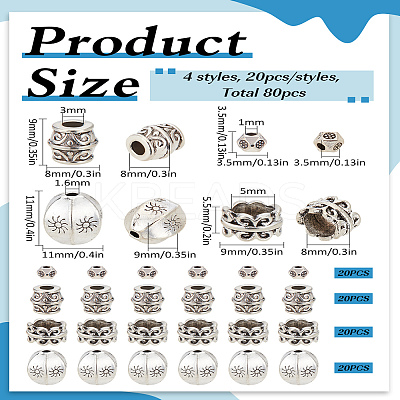 80Pcs 4 Styles Tibetan Style Alloy Beads TIBEB-LP0001-77-1