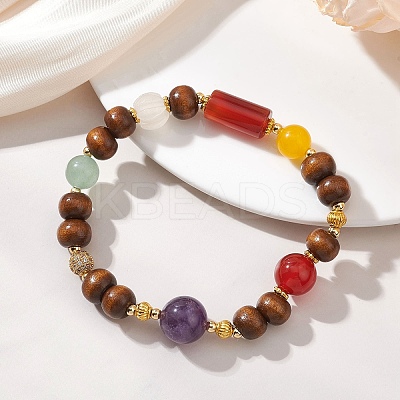 Natural Amethyst & Green Aventurine & Whide Jade & Carnelian & Dyed Malaysia Jade & Wood Beaded Stretch Lucky Bracelets BJEW-JB13291-1