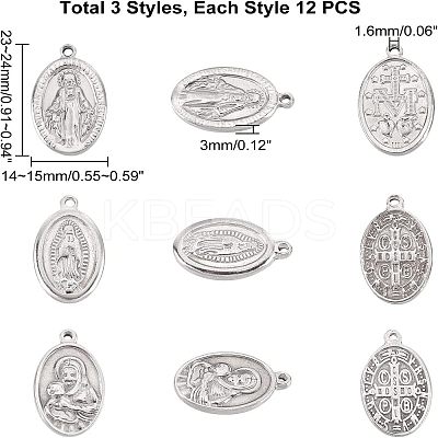 36Pcs 3 Style 201 Stainless Steel Pendants STAS-UN0025-58-1