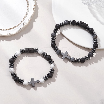 2Pcs Natural Lava Rock & Larvikite & Howlite Beads Stretch Bracelets for Couple BJEW-JB13196-1