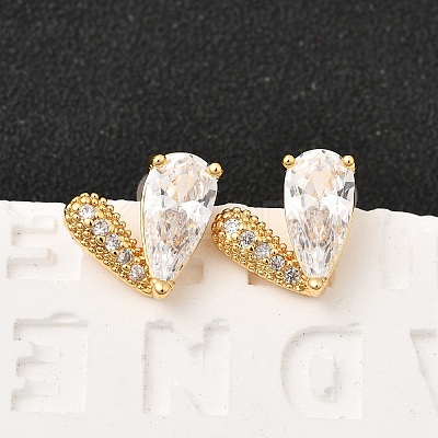 Brass Micro Pave Clear Cubic Zirconia Heart Stud Earrings EJEW-C158-04G-1