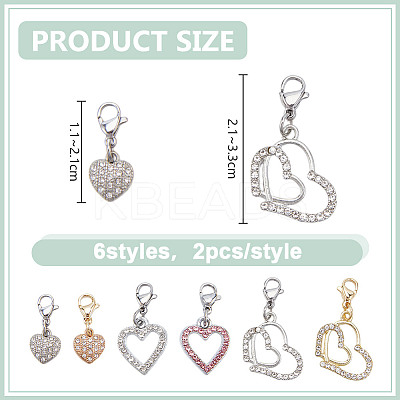 12Pcs 6 Styles Heart Brass & Alloy Rhinestone Pendant Decoration HJEW-DR00171-1