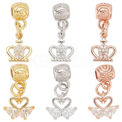 6Pcs 6 Style Rack Plating Brass Micro Pave Clear Cubic Zirconia Pendants ZIRC-OC0001-04-1