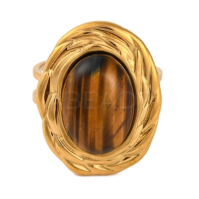 Oval Natural Tiger Eye Finger Rings RJEW-Q822-06G-1