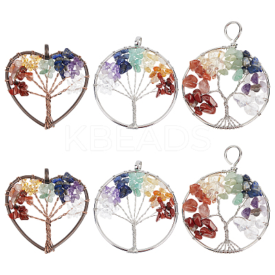 6Pcs 3 Styles 7 Chakra Tree of Life Gemstone Big Pendants G-SC0002-36-1