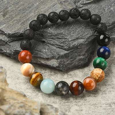Natural Shell & Mixed Gemstone Round Beaded Stretch Bracelet BJEW-JB09359-1