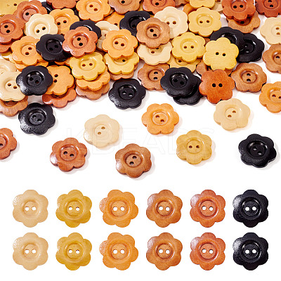 90Pcs 6 Colors 2-Hole Wood Flower Buttons BUTT-TA0001-40D-1