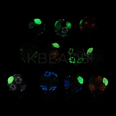 Luminous Glow in the Dark Polymer Clay Pave Rhinestone Round Beads with Resin Flower CLAY-D007-03-1