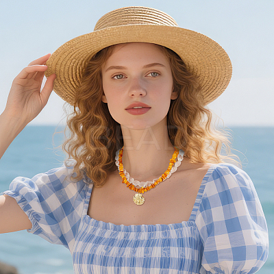 Dyed Natural Freshwater Shell Chip & Transparent Frosted Glass Nuggets Beaded Brass Shell Shaped Pendant Double Layer Necklaces NJEW-OC00005-1
