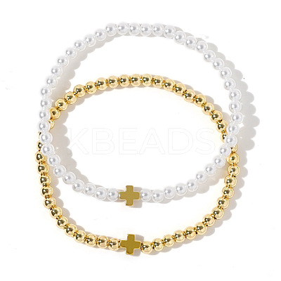 2Pcs Minimalist Imitation Pearl & Brass Cross Beaded Stretch Bracelet Sets QX2906-1-1