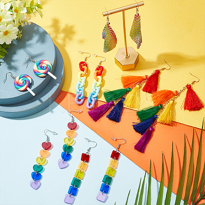 6 Pair 6 Style Rainbow Color Pride Heart Acrylic & Polymer Clay Lollipop & Polyester Tassel Dangle Earrings EJEW-AN0003-33-1