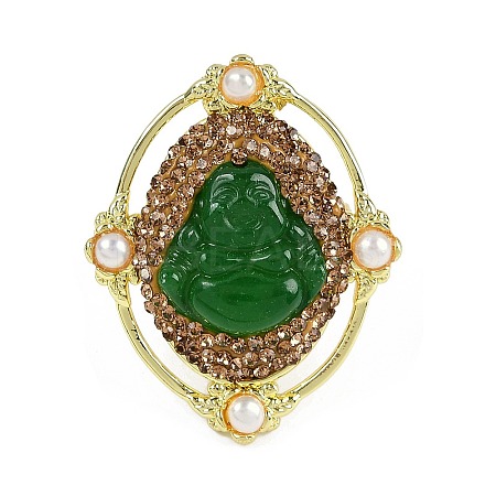 Oval with Buddha Brass Glass Finger Rings RJEW-P128-01G-1