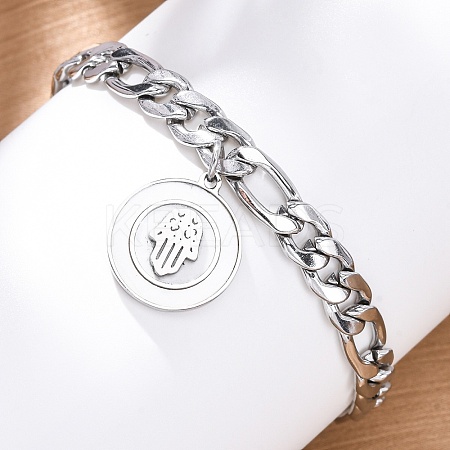 304 Stainless Steel Flat Round with Hamsa Hand Charm Bracelets BJEW-A036-13P-1