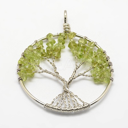 Tree of Life Natural Peridot Bead Brass Wire Wrapped Big Pendants KK-L136-01B-NR-1