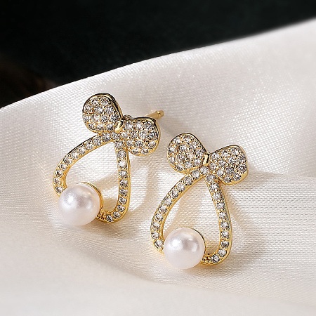 Bowknot Brass Micro Pave Clear Cubic Zirconia Stud Earrings EJEW-A110-06G-1