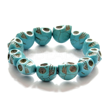 Synthetic Turquoise Skull Beaded Stretch Bracelets SKUL-PW0004-32E-1