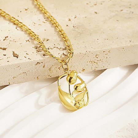 Oval with Flower 304 Stainless Steel Pendant Necklace with Cuban Link Chains YS0902-1-1