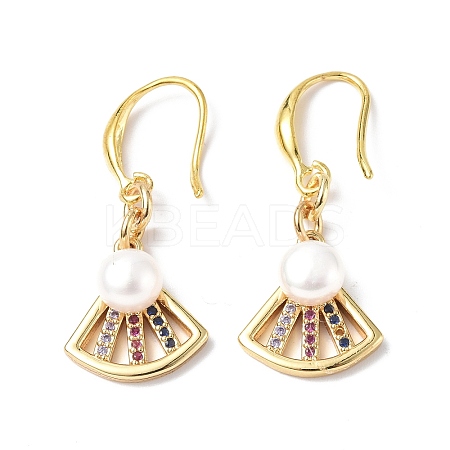 Colorful Cubic Zirconia Fan Dangle Earrings with Natural Pearl Beaded EJEW-B017-12G-1
