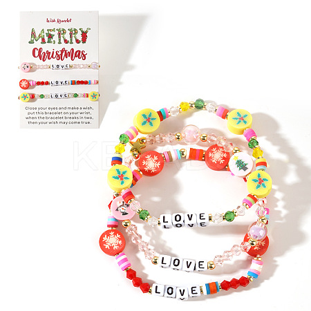 3Pcs Christmas Theme Handmade Polymer Clay & Glass Bicone Beads Stretch Bracelet Sets QY3550-11-1